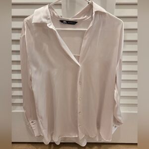 Zara Satin White Button-Up Blouse